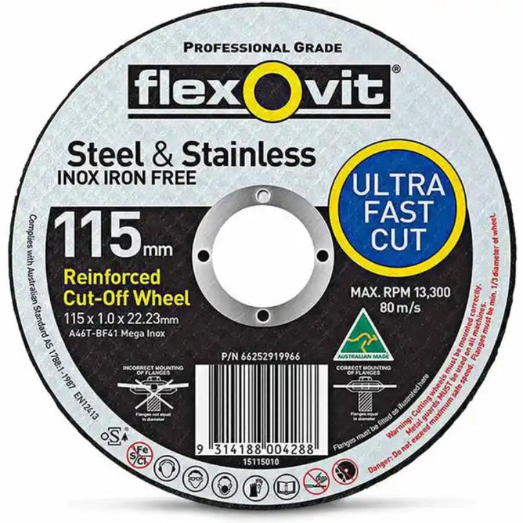 FLEXOVIT 115 x 1.0mm Steel & Stainless Cut Off Disc - MEGA INOX 66252919966
