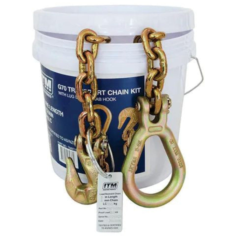 ITM G70 TRANSPORT CHAIN WITH LUG LINK & GRAB HOOK, 3.8 TONNE LASHING CAPACITY, 5M LENGTH